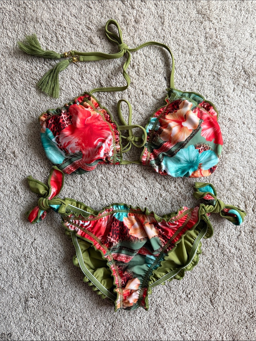 Floral Tie-Side Bikini Set - Green & Multicolor